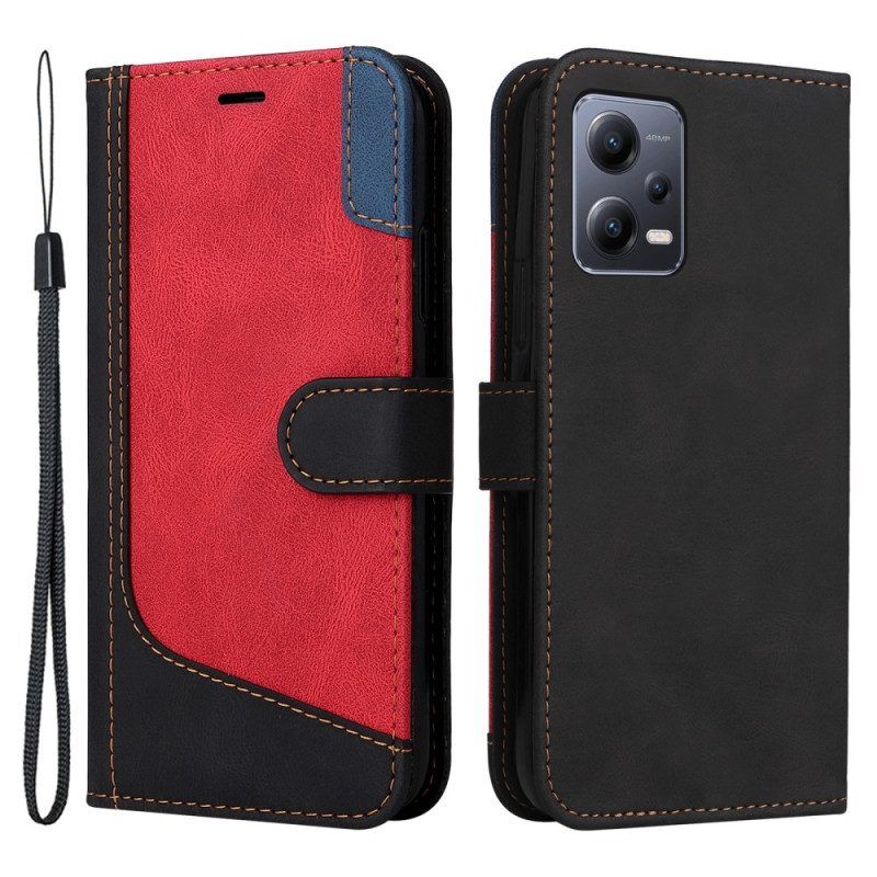 Flip Case voor Xiaomi Redmi Note 12 5G Met Ketting Driekleurige Riem