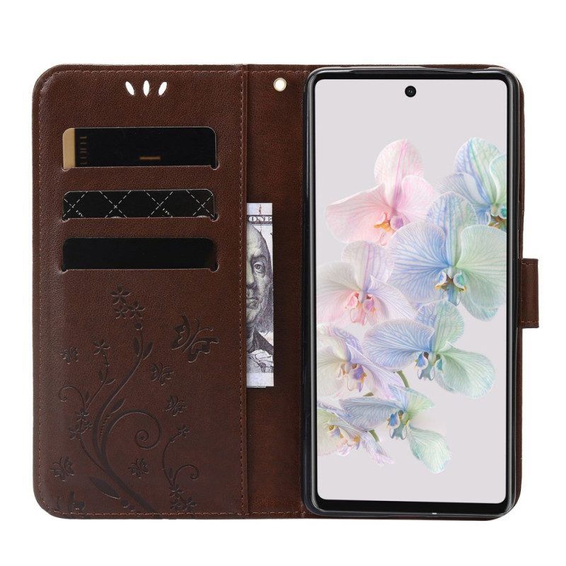 Folio-hoesje voor Google Pixel 7 Met Ketting Bloemen En Vlinders Met Riem