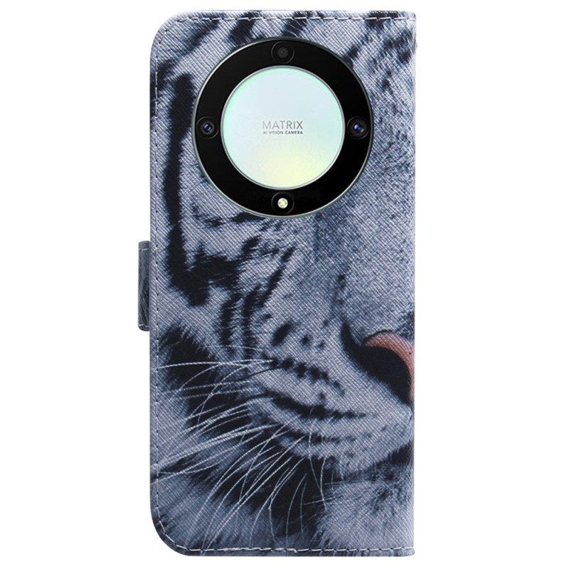 Folio-hoesje voor Honor Magic 5 Lite Met Ketting Strappy Witte Tijger