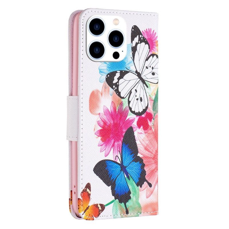 Folio-hoesje voor iPhone 14 Pro Aquarel Vlinders