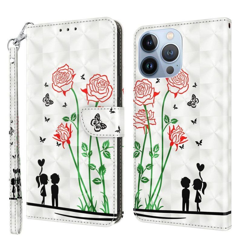 Folio-hoesje voor iPhone 14 Pro Met Ketting Lanyard Liefde Paardebloemen