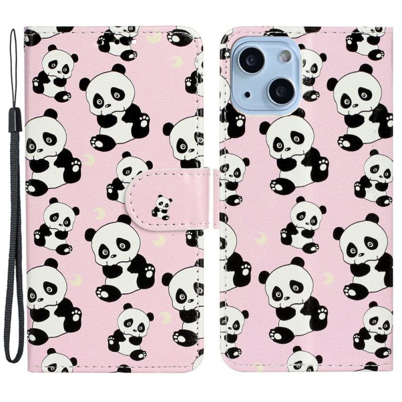 Folio-hoesje voor iPhone 15 Met Ketting Kleine Panda's Met Riem