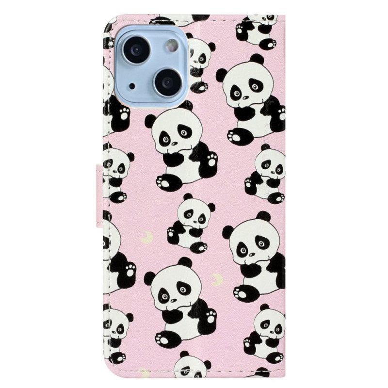 Folio-hoesje voor iPhone 15 Met Ketting Kleine Panda's Met Riem