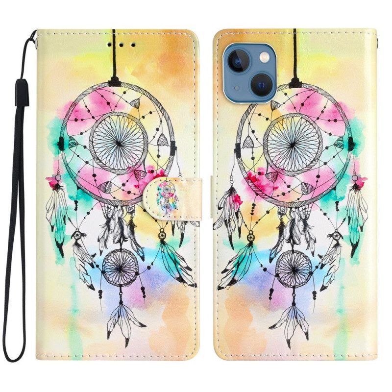 Folio-hoesje voor iPhone 15 Plus Met Ketting Aquarel Dromenvanger Met Riem