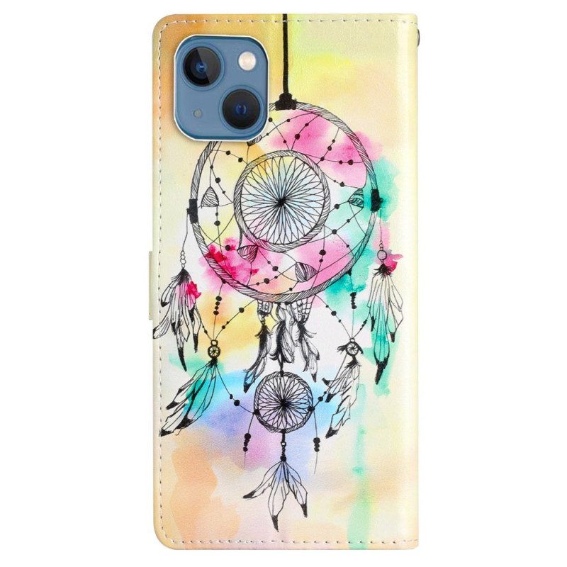 Folio-hoesje voor iPhone 15 Plus Met Ketting Aquarel Dromenvanger Met Riem