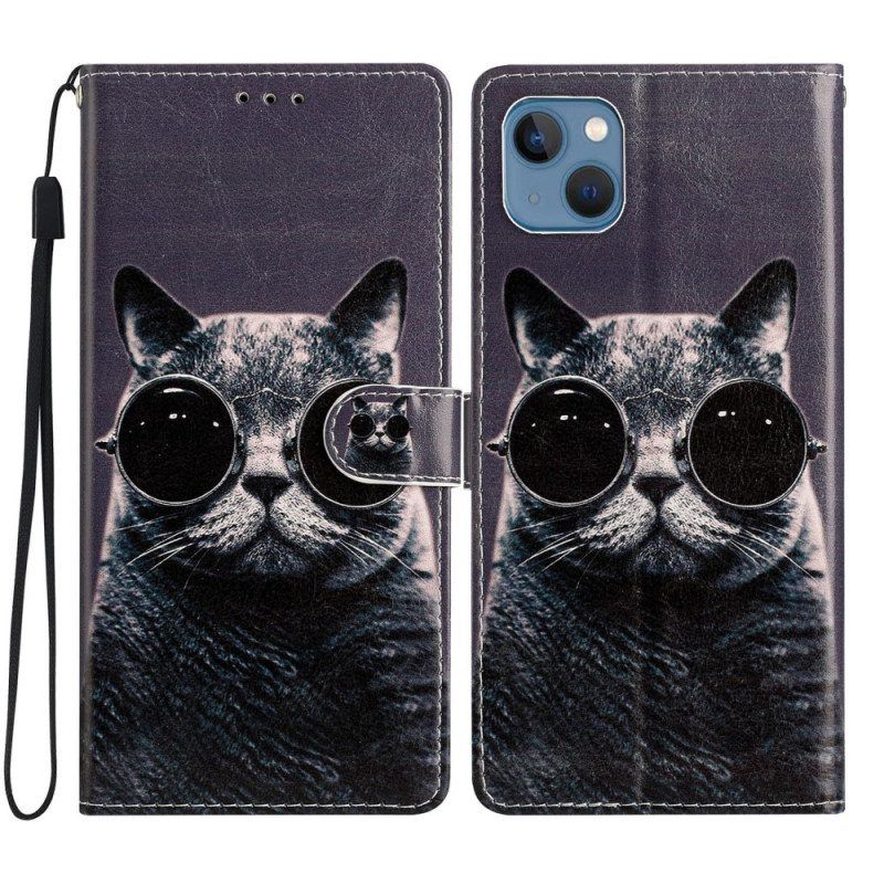 Folio-hoesje voor iPhone 15 Plus Met Ketting Kat Met Riembril