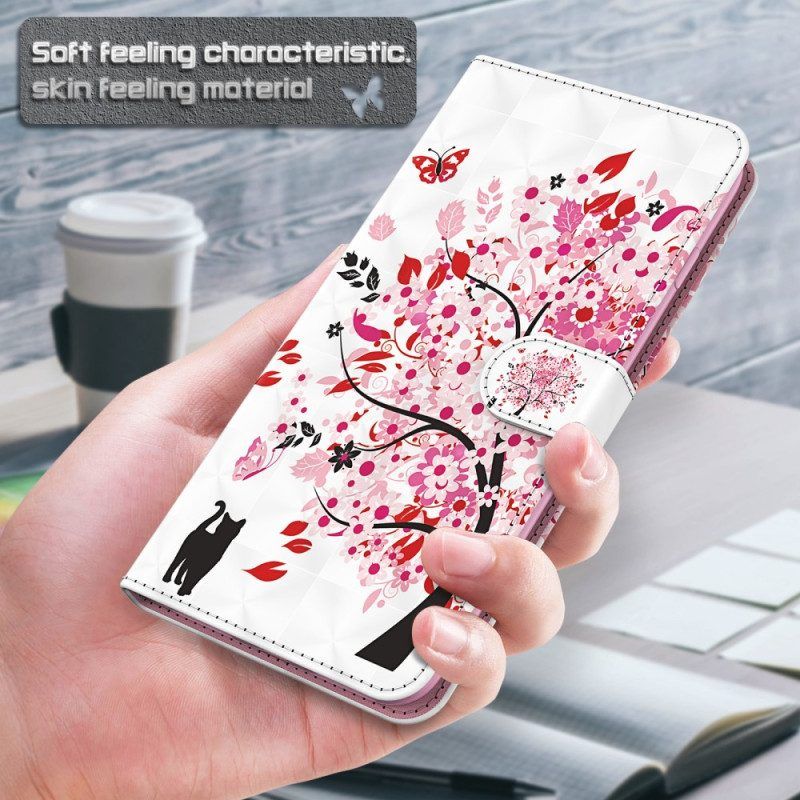 Folio-hoesje voor iPhone 15 Pro Max Met Ketting Kat Onder De Rode Boom 3d Met Riem