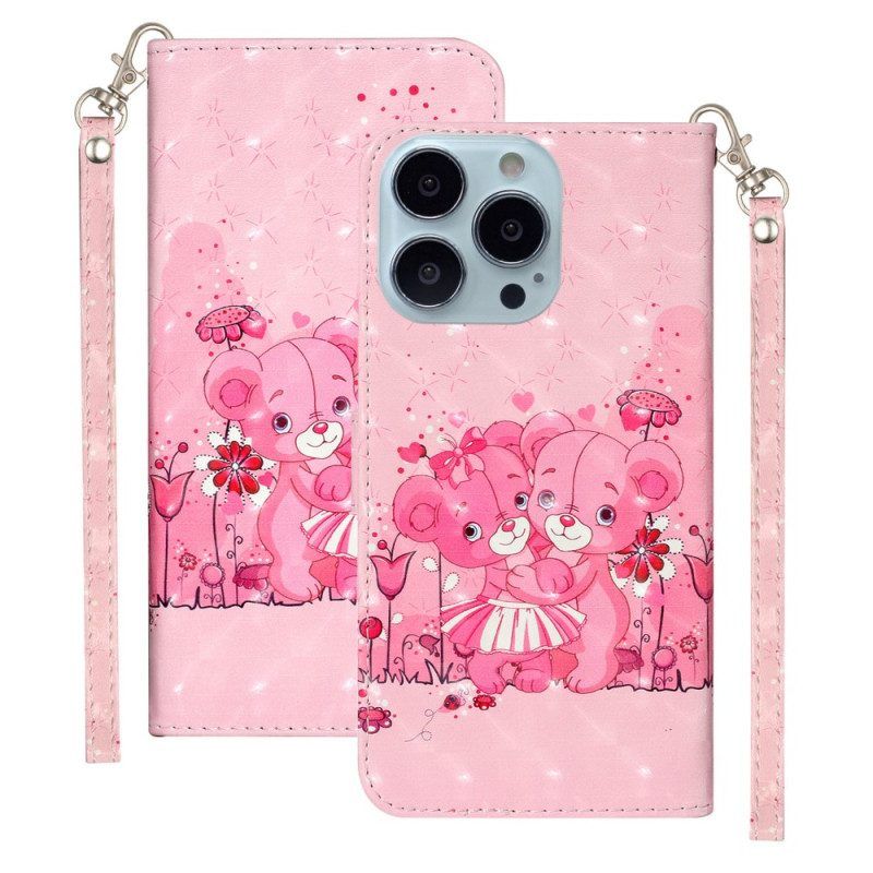 Folio-hoesje voor iPhone 15 Pro Met Ketting 3d Teddyberen Met Riem