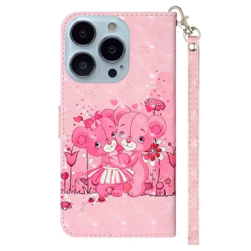 Folio-hoesje voor iPhone 15 Pro Met Ketting 3d Teddyberen Met Riem