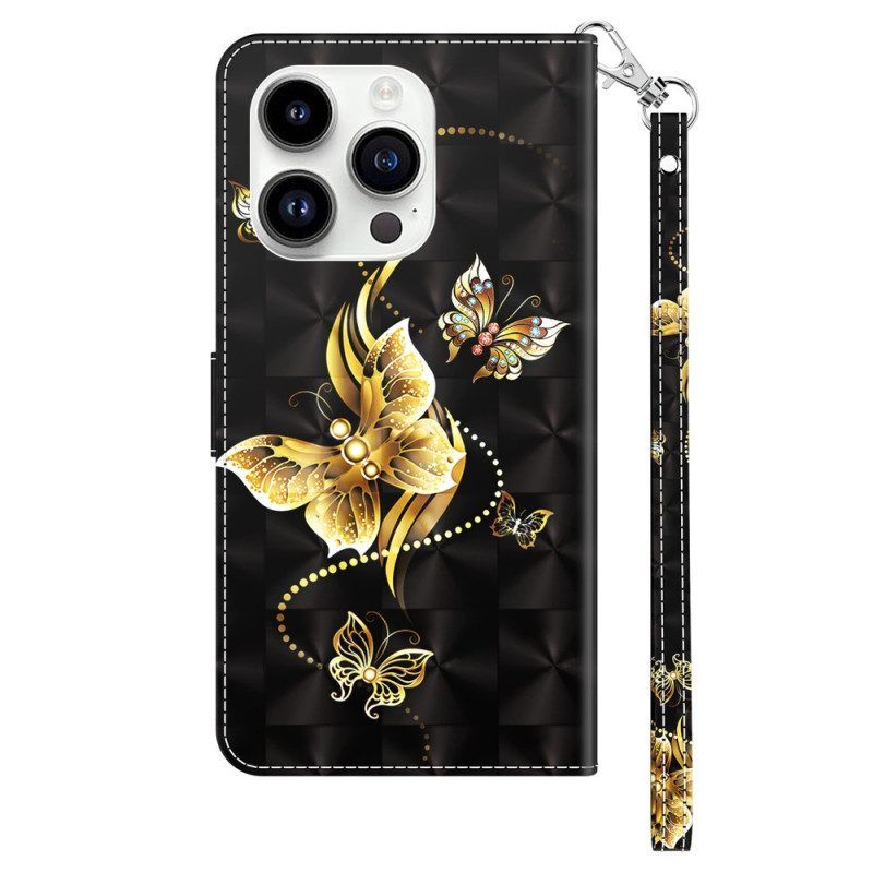 Folio-hoesje voor iPhone 15 Pro Met Ketting Gouden Vlinders Met Riem