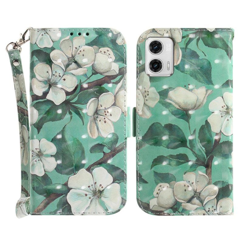 Folio-hoesje voor Moto G73 5G Met Ketting Witte Bloemen Met Bandjes