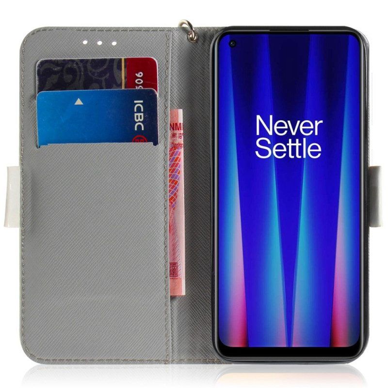 Folio-hoesje voor OnePlus Nord 2T 5G Met Ketting Grijze Kat Met Riem