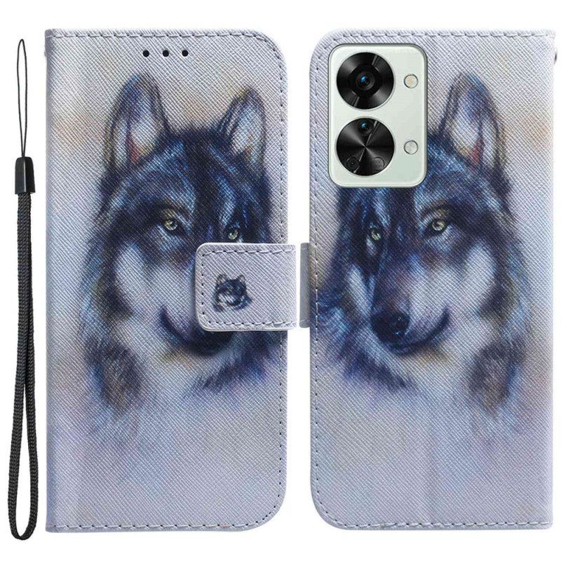 Folio-hoesje voor OnePlus Nord 2T 5G Met Ketting Strappy Aquarel Wolf