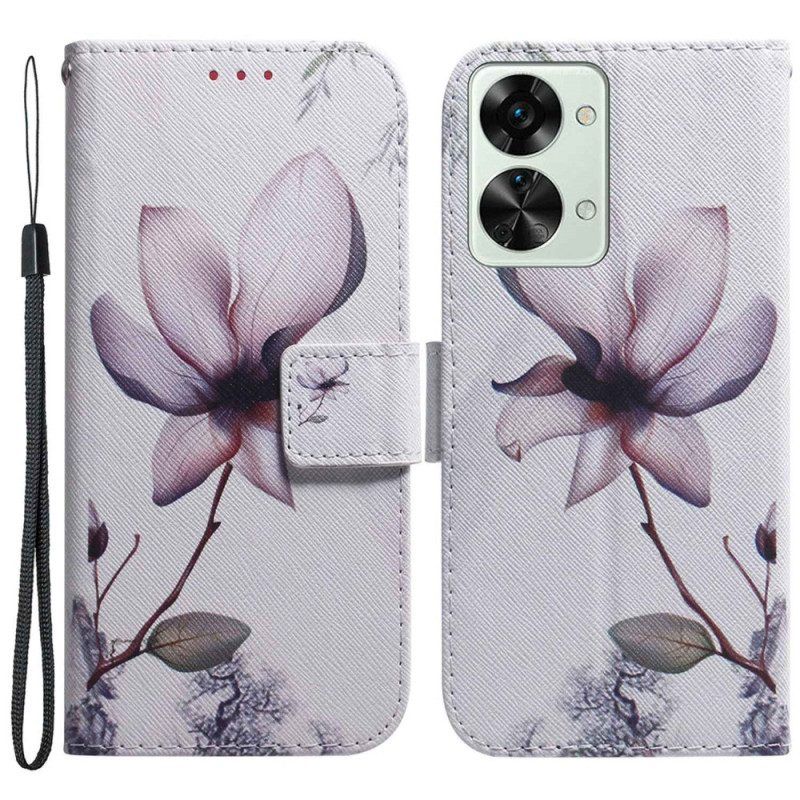 Folio-hoesje voor OnePlus Nord 2T 5G Met Ketting Strappy Roze Bloem