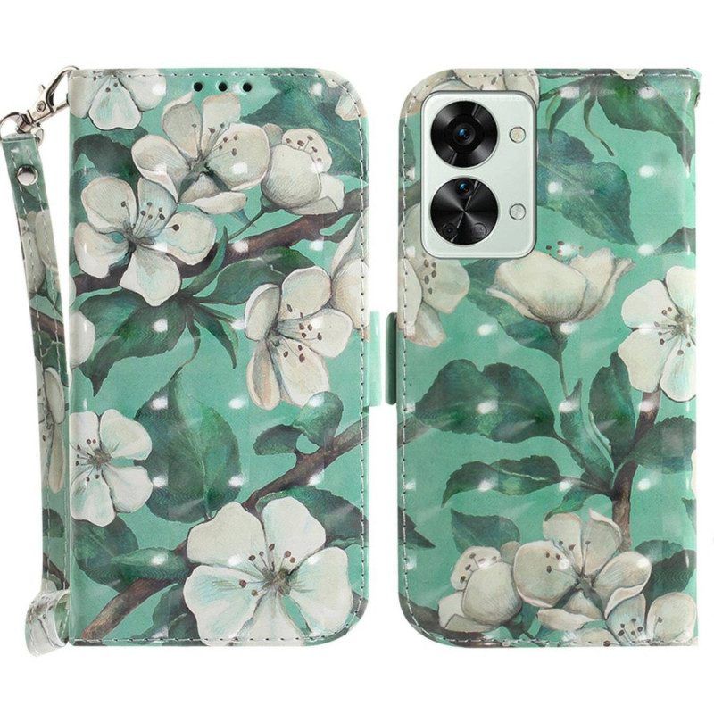 Folio-hoesje voor OnePlus Nord 2T 5G Met Ketting Witte Bloemen Met Bandjes