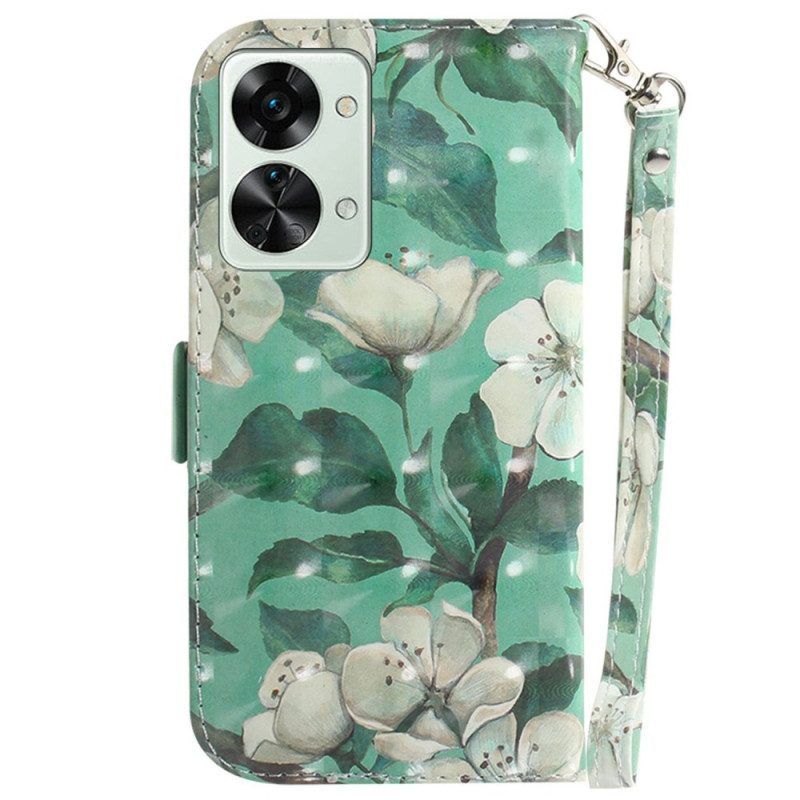 Folio-hoesje voor OnePlus Nord 2T 5G Met Ketting Witte Bloemen Met Bandjes