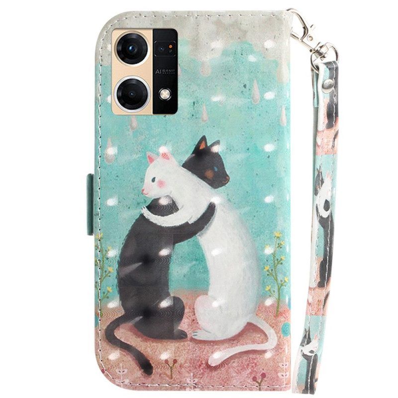 Folio-hoesje voor Oppo Reno 7 Met Ketting Zwarte Kat Witte Kat Met Riem