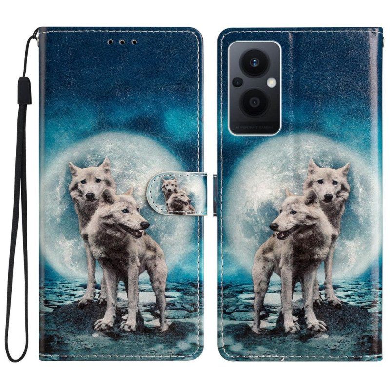 Folio-hoesje voor Oppo Reno 8 Lite Met Ketting Lanyard Wolf