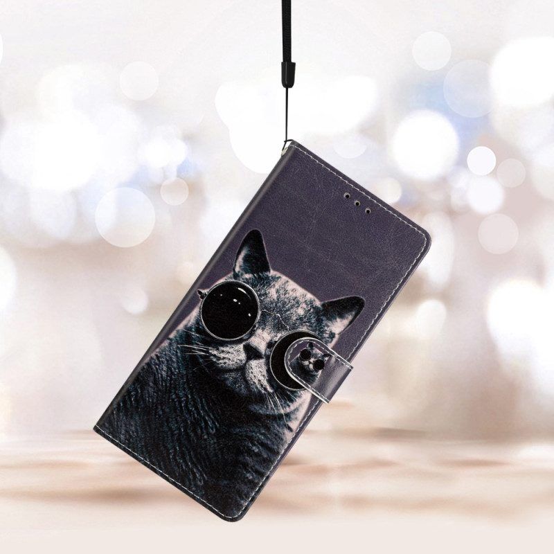 Folio-hoesje voor Samsung Galaxy A53 5G Bril Kat Met Lanyard