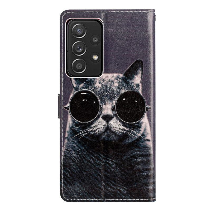 Folio-hoesje voor Samsung Galaxy A53 5G Bril Kat Met Lanyard