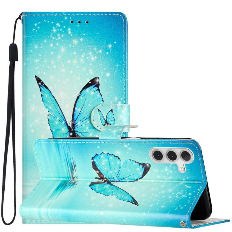 Folio-hoesje voor Samsung Galaxy A54 5G Met Ketting Blauwe Vlinder Met Riem