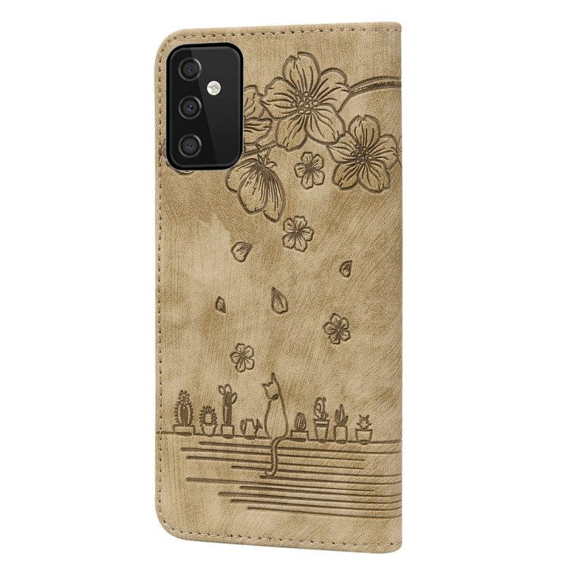 Folio-hoesje voor Samsung Galaxy A54 5G Met Ketting Bloemen String Kat