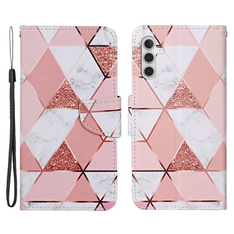 Folio-hoesje voor Samsung Galaxy A54 5G Met Ketting Marmer En Glitter Strappy