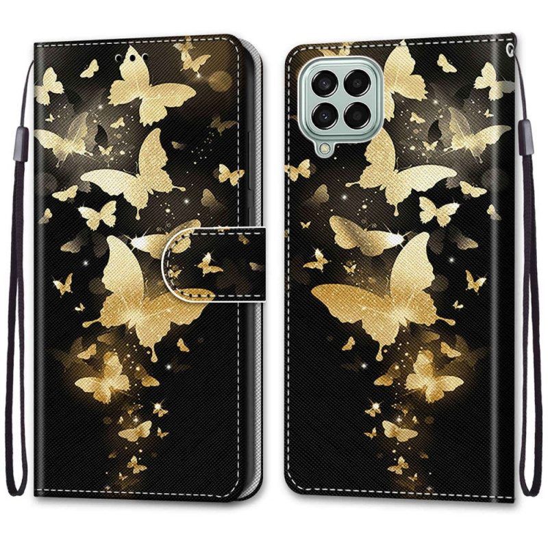 Folio-hoesje voor Samsung Galaxy M53 5G Met Ketting Gouden Vlinders Met Riem