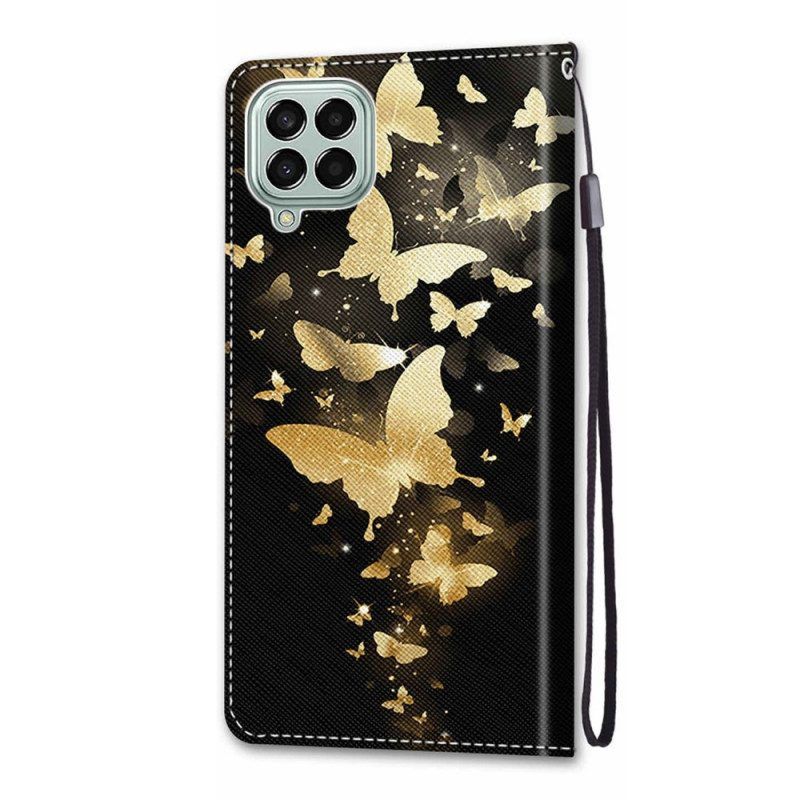 Folio-hoesje voor Samsung Galaxy M53 5G Met Ketting Gouden Vlinders Met Riem