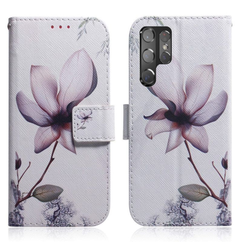 Folio-hoesje voor Samsung Galaxy S22 Ultra 5G Bloem Stoffig Roze