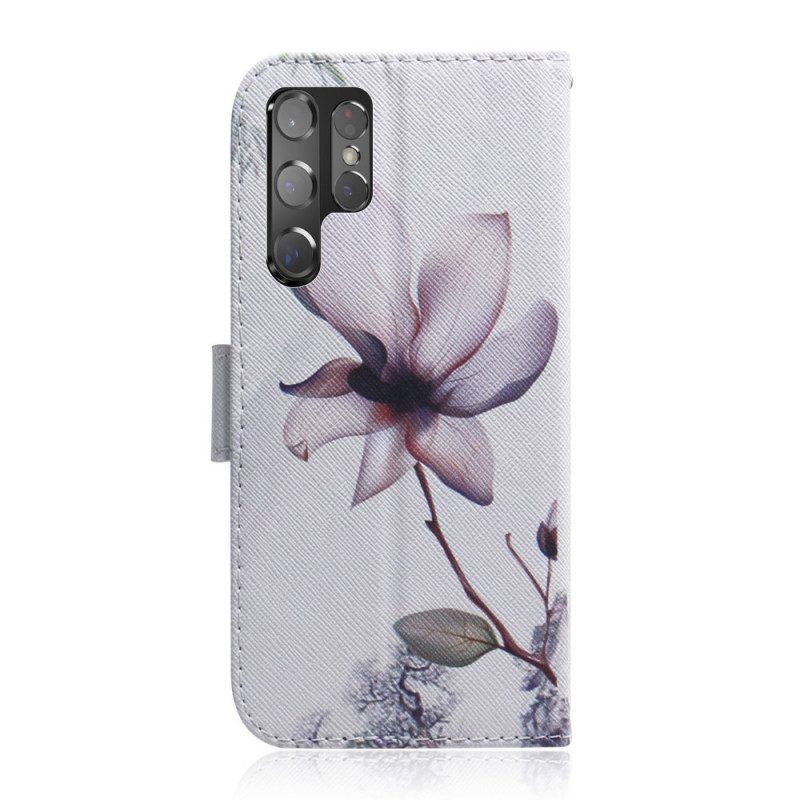 Folio-hoesje voor Samsung Galaxy S22 Ultra 5G Bloem Stoffig Roze