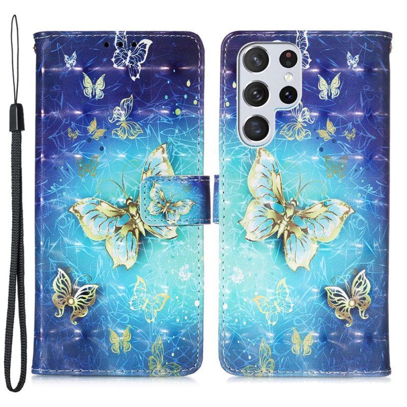 Folio-hoesje voor Samsung Galaxy S22 Ultra 5G Gouden Vlinders Lanyard