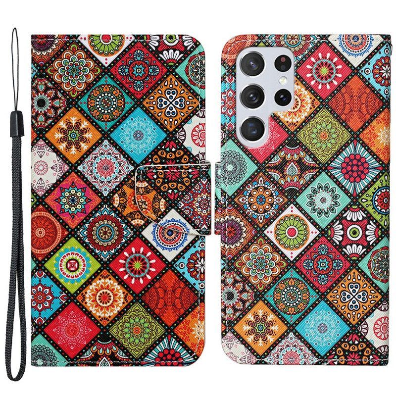 Folio-hoesje voor Samsung Galaxy S22 Ultra 5G Lappendeken Mandala's Met Lanyard