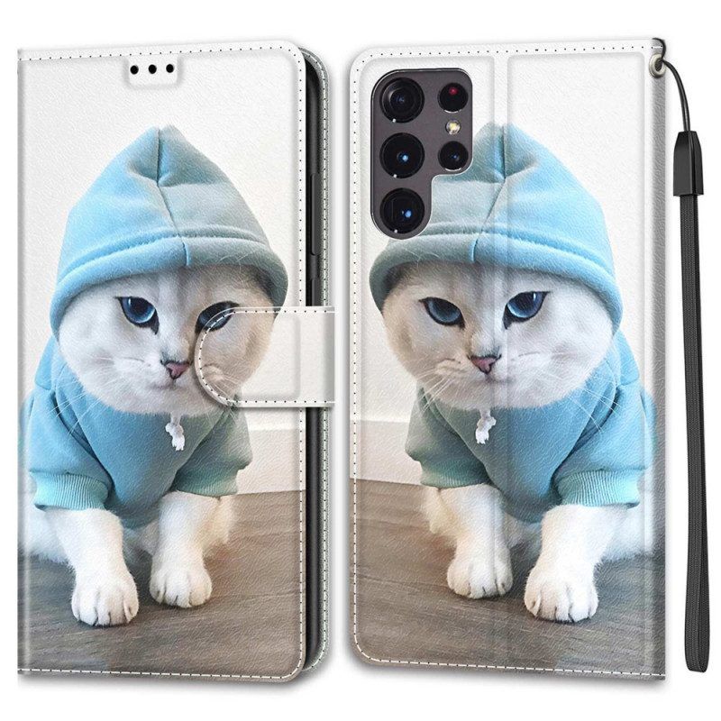 Folio-hoesje voor Samsung Galaxy S22 Ultra 5G Met Ketting String Cat Fan