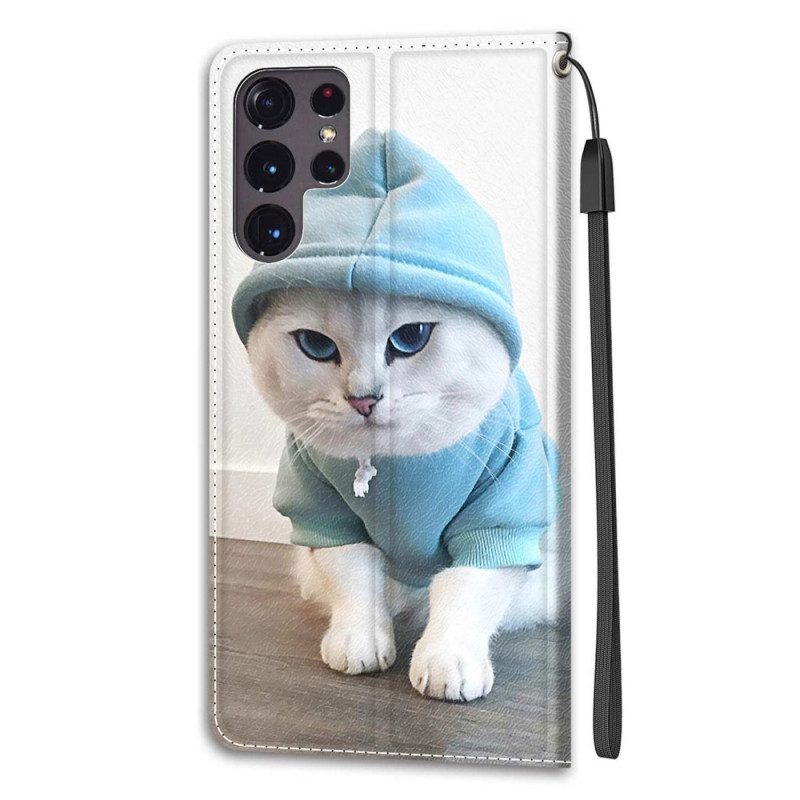 Folio-hoesje voor Samsung Galaxy S22 Ultra 5G Met Ketting String Cat Fan