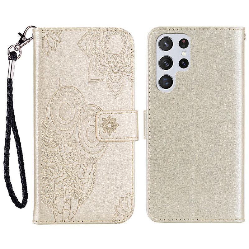 Folio-hoesje voor Samsung Galaxy S22 Ultra 5G Uil Mandala En Lanyard