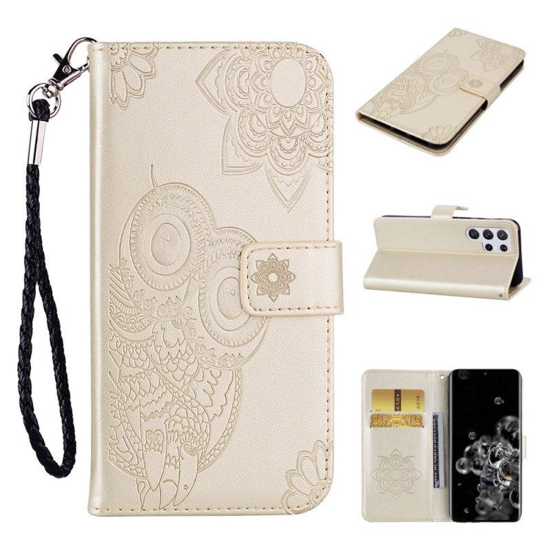 Folio-hoesje voor Samsung Galaxy S22 Ultra 5G Uil Mandala En Lanyard