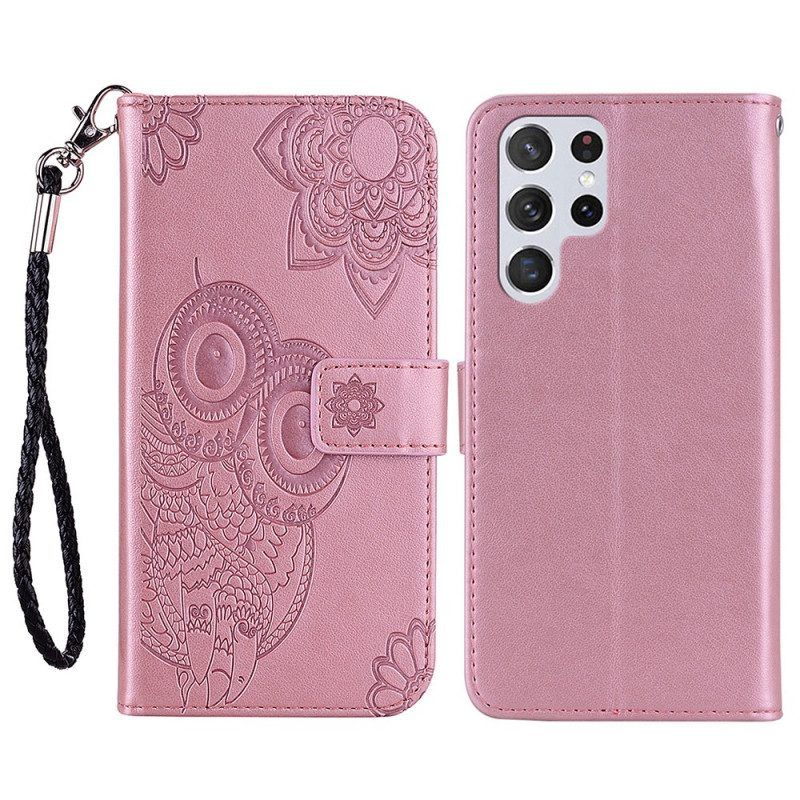 Folio-hoesje voor Samsung Galaxy S22 Ultra 5G Uil Mandala En Lanyard