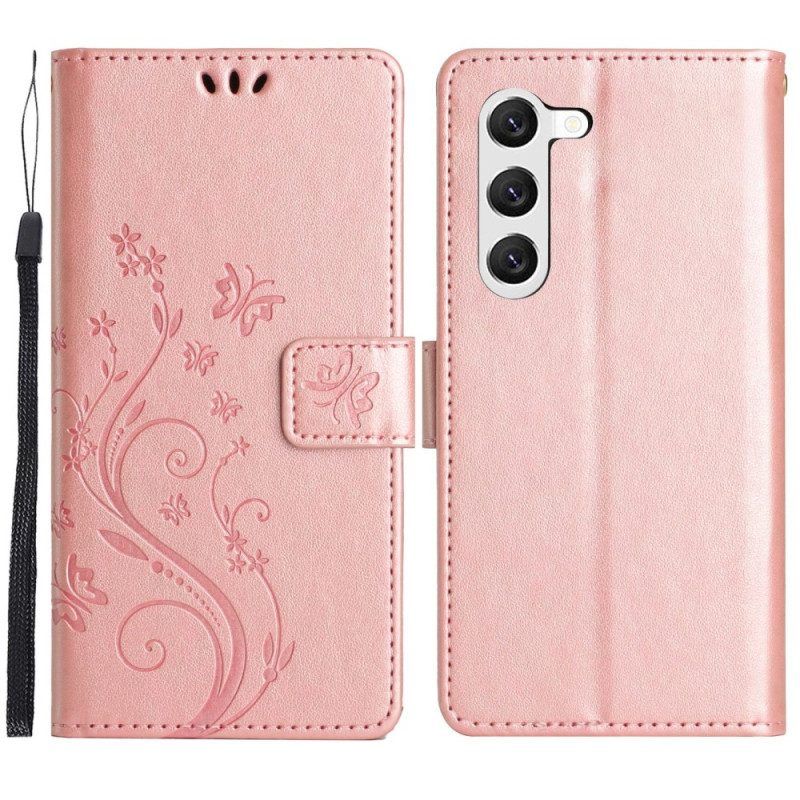 Folio-hoesje voor Samsung Galaxy S23 Plus 5G Met Ketting Strakke Bloemen