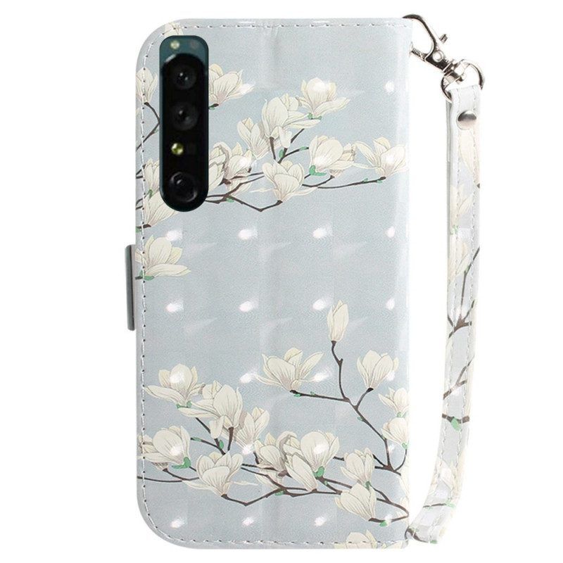 Folio-hoesje voor Sony Xperia 1 IV Met Ketting Witte Bloemen Met Bandjes