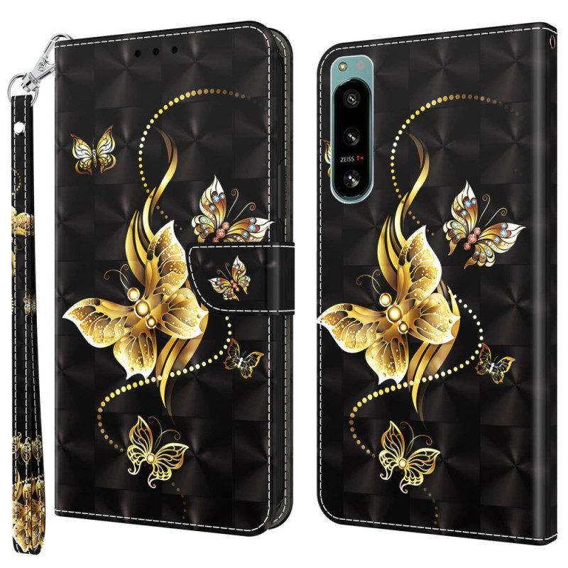 Folio-hoesje voor Sony Xperia 5 IV Met Ketting Gouden Vlinders Met Riem