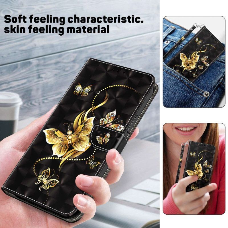 Folio-hoesje voor Sony Xperia 5 IV Met Ketting Gouden Vlinders Met Riem