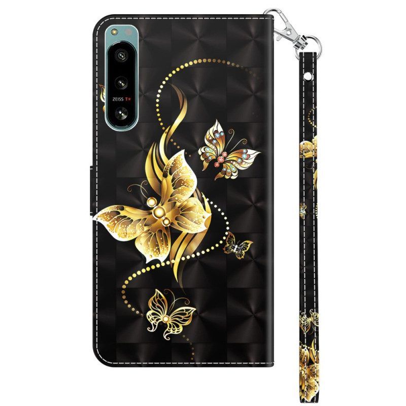 Folio-hoesje voor Sony Xperia 5 IV Met Ketting Gouden Vlinders Met Riem