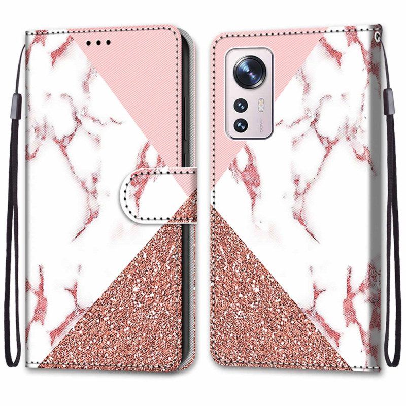 Folio-hoesje voor Xiaomi 12 / 12X Marmer En Glitterdriehoek