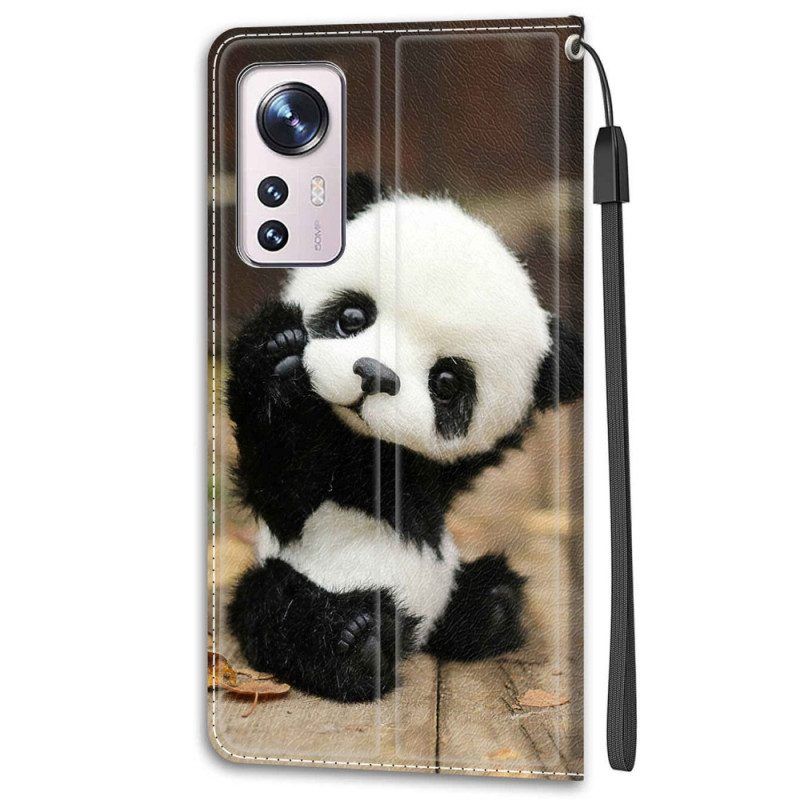 Folio-hoesje voor Xiaomi 12 / 12X Met Ketting Kleine Panda Met Riem