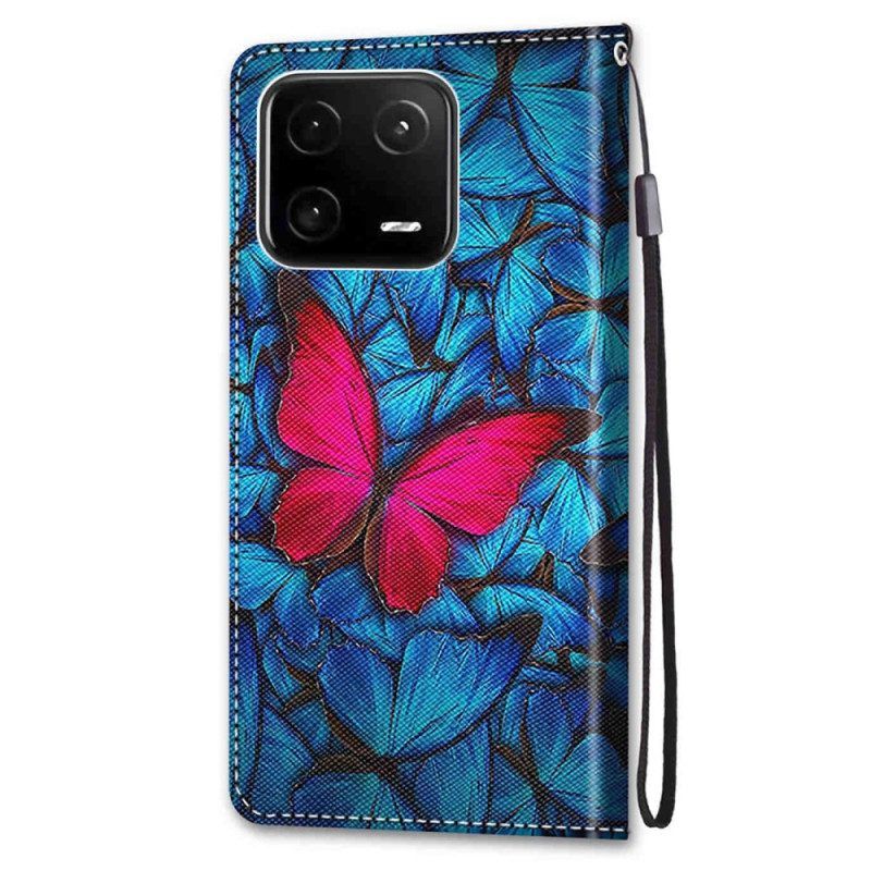 Folio-hoesje voor Xiaomi 13 Pro Rode Vlinder Blauwe Achtergrond