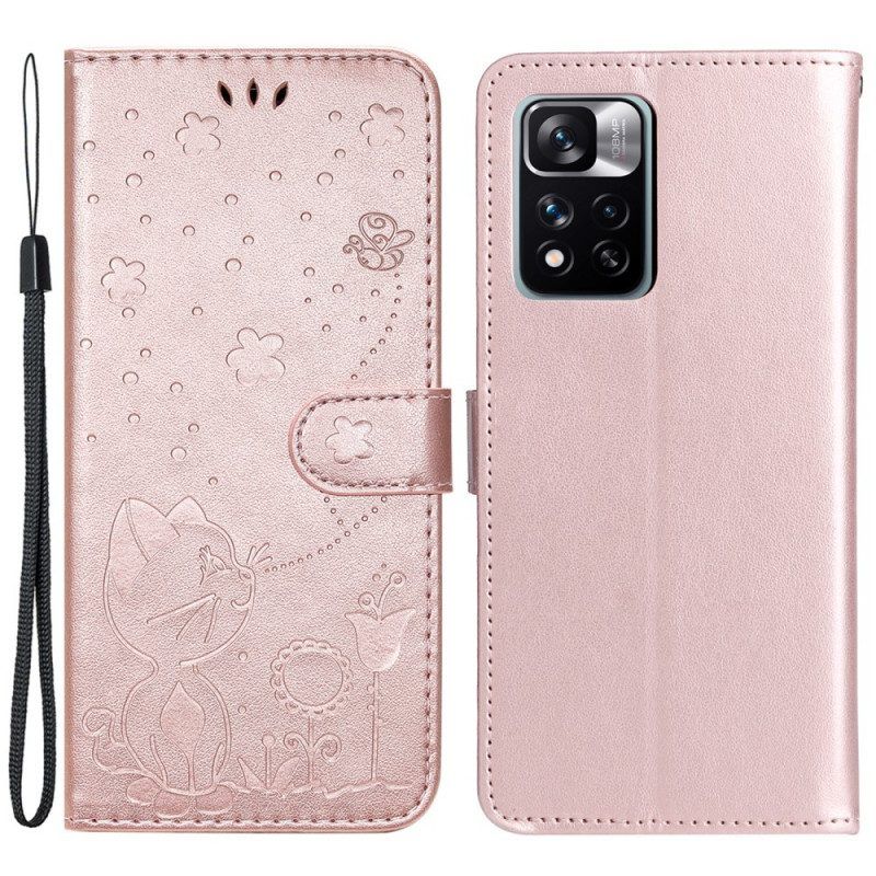 Folio-hoesje voor Xiaomi Redmi Note 11 Pro Plus 5G Met Ketting Strappy Kat En Bijen