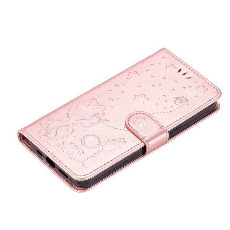 Folio-hoesje voor Xiaomi Redmi Note 11 Pro Plus 5G Met Ketting Strappy Kat En Bijen