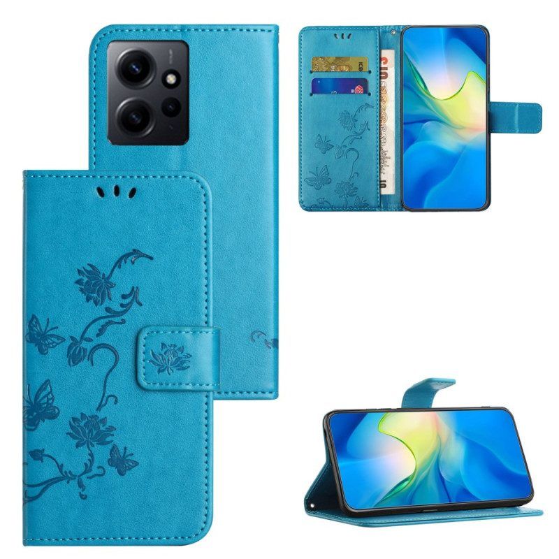 Folio-hoesje voor Xiaomi Redmi Note 12 4G Met Ketting Bloemen En Vlinders Met Riem