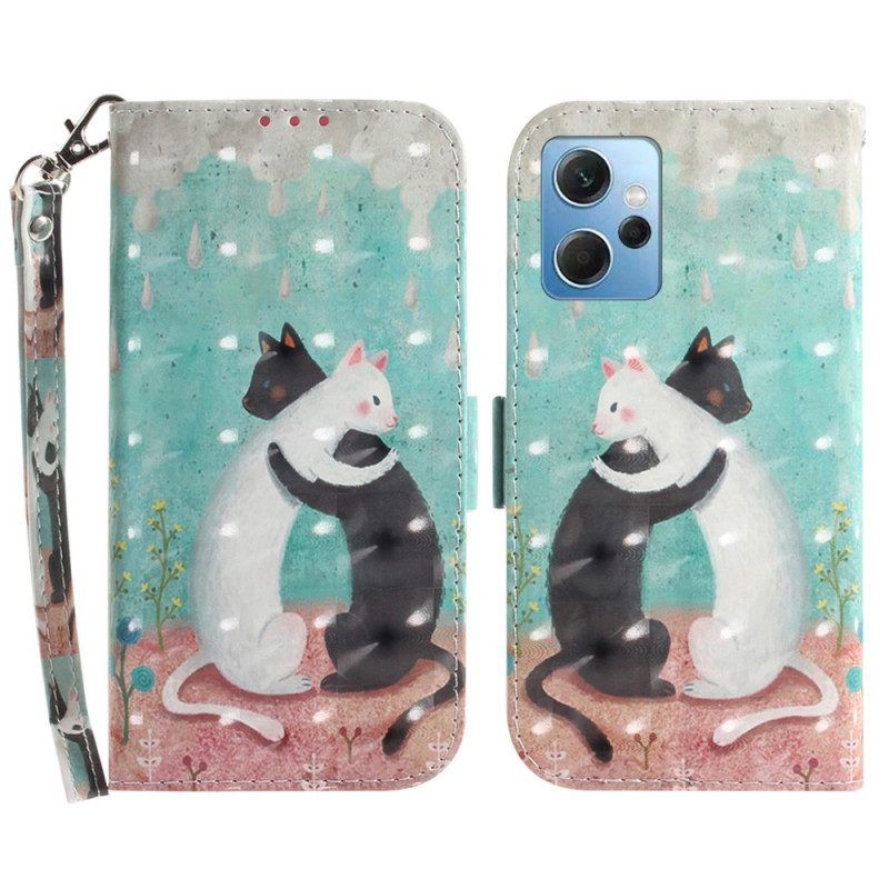 Folio-hoesje voor Xiaomi Redmi Note 12 4G Met Ketting Witte Kat Zwarte Kat Met Riem